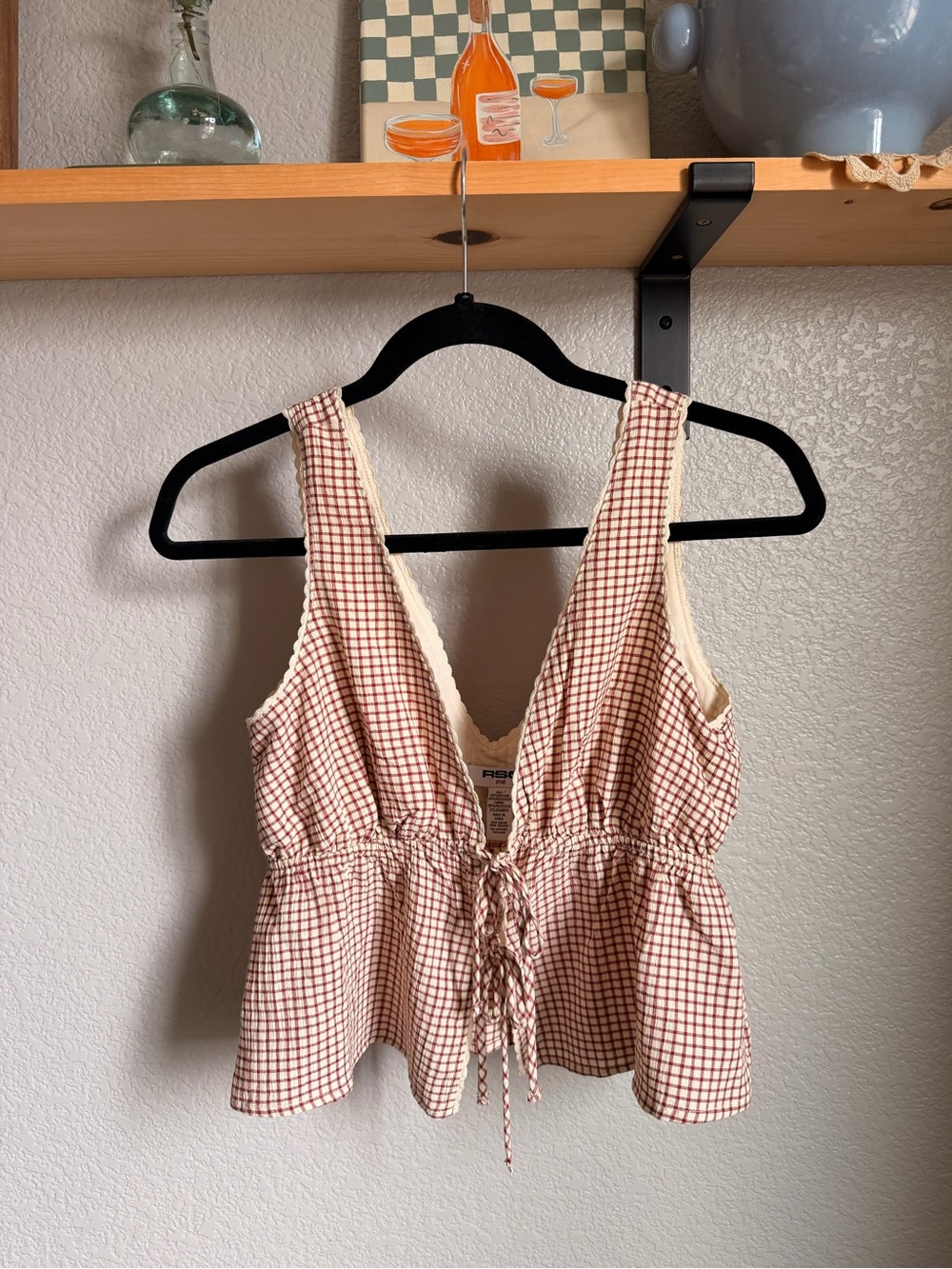RSQ Cream & Brown Plaid Tie-Front Peplum Camisole